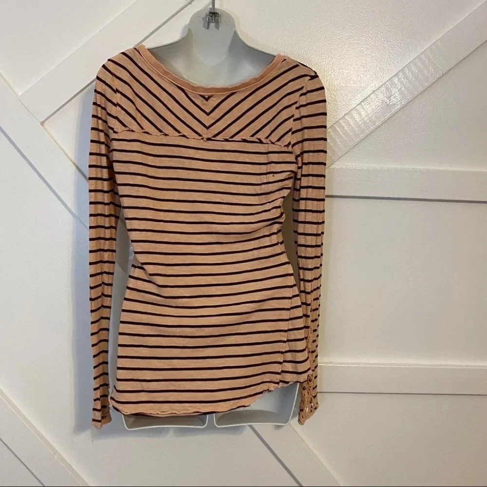 Free People Striped Embroidered Tee Pink Sz M